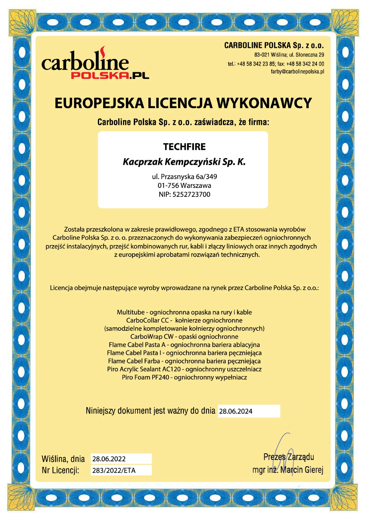 Europejska licencja wykonawcy
